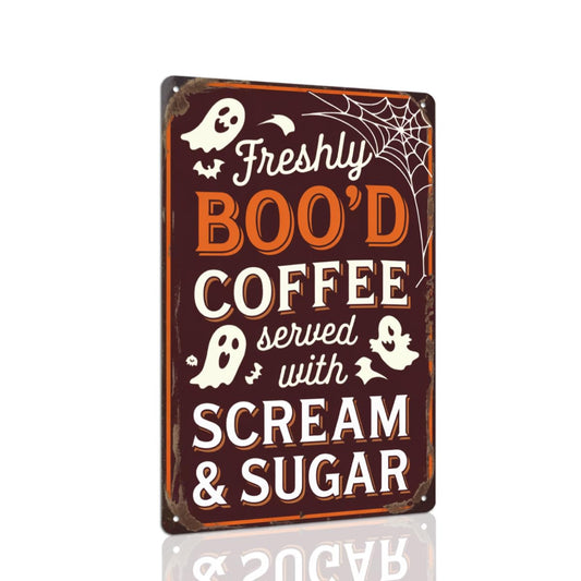 Freshly Boo'd Coffee Metal Tin Sign Halloween Wall Decor For Kitchen, Living Room, Farmhouse, Office Vintage Rustic Style, Decorative Signs & Plaques 8x12 Inch