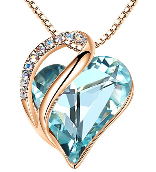 Leafael Gifts for Women Rose Gold Plated Necklaces: Heart Light Blue Crystal, March Birthstone, Hypoallergenic Chain (18"+2"), Birthday Jewelry for Mom, Wife, and Girlfriend