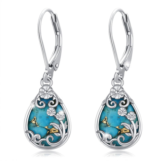 Eetaitai Natural Turquoise Earrings 925 Sterling Silver Pear Leverback Turquoise Earrings Blue Vintage Native American Western Jewelry Women Flower Dangling Earring Mothers Day Gifts for Mom Wife Sister
