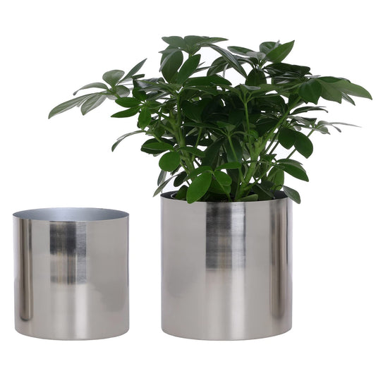 MyGift 5.2 and 6 Inch Round Handmade Shiny Silver Tone Metal Plant Pot Covers, Decorative Indoor Tabletop Houseplant Planter Containers, 2 Piece Set - Handcrafted in India