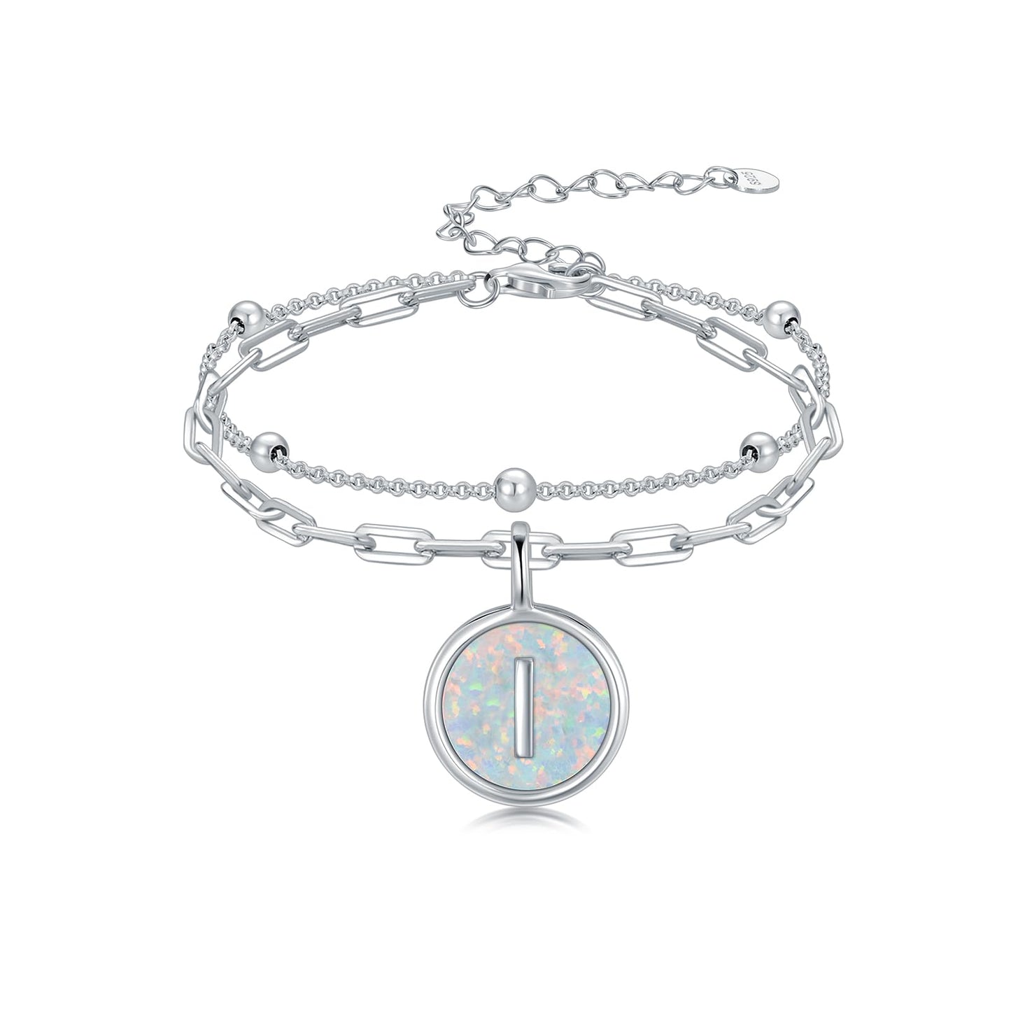 LWQQWL Initial I Bracelet for Women 925 Sterling Silver Layered Initial Bracelet Opal Letter 26 Alphabet Jewelry Christmas Gifts