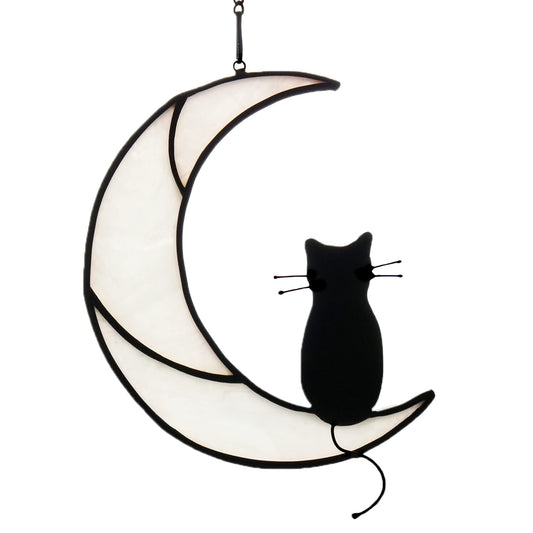 HAOSUM Black Cat On White Moon Stained Glass Window Hangings Ornament,Cat Memorial Gifts, Themed Gifts for Cats Lovers