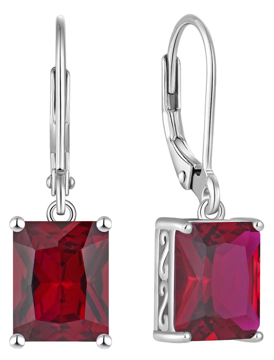 YL Solitaire Dangle Drop Earrings 925 Sterling Silver Leverback Earrings 8X10MM Square Created Ruby Jewelry