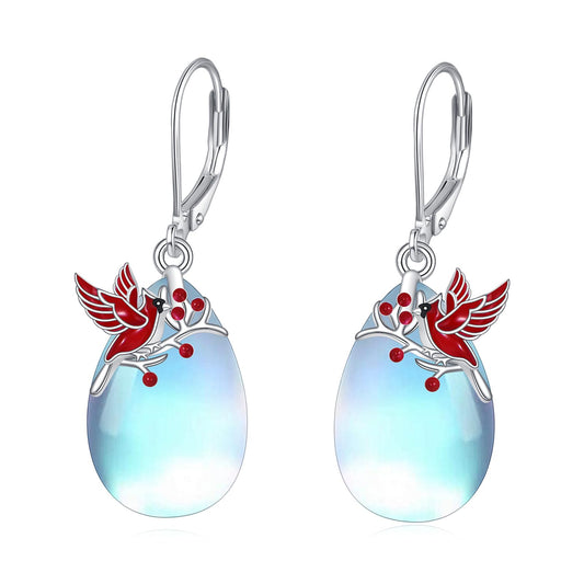 TIGER RIDER Red Cardinal Bird 925 Sterling Silver French Clasp Leverback Earrings Moonstone Pendant Jewelry Gift for Women
