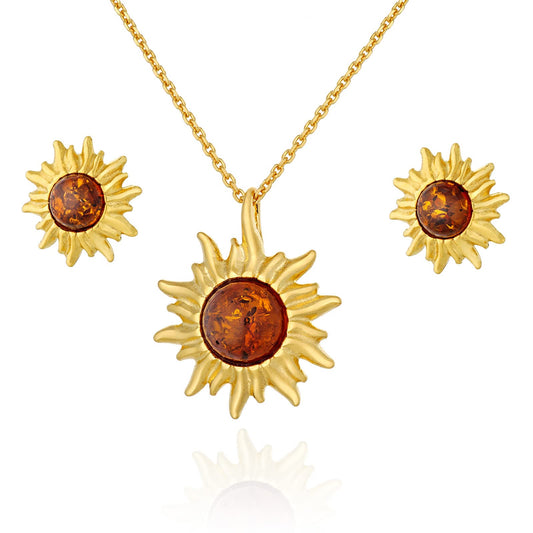 AMBEDORA Women's Jewellery Set Little Sun, Gold Plated Sterling Silver, Baltic Amber in Cognac Colour, Gold Plated Pendant on Chain and Earrings