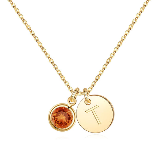 Hidepoo Birthday Gifts for Women - Citrine Birthstone Personalized Gift November Birthstone Jewelry for Women Wife Mom, Tiny Disc Initial T Necklace