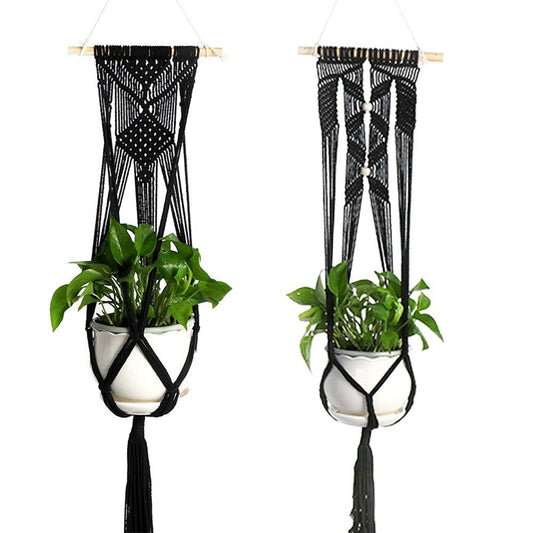 Set of 2 Macrame Plant Hanger with Wooden Dowel Wall Hanging Planter Basket for Indoor Outdoor Flower Pot Plant Holder Wall Art Vintage Home Boho Decor, Cotton Rope Weaving, 4 Legs 41 inch (Black)