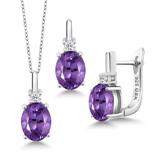 Gem Stone King 5.06 Ct Oval Purple Amethyst White Topaz 925 Sterling Silver Pendant and Earrings Jewelry Set