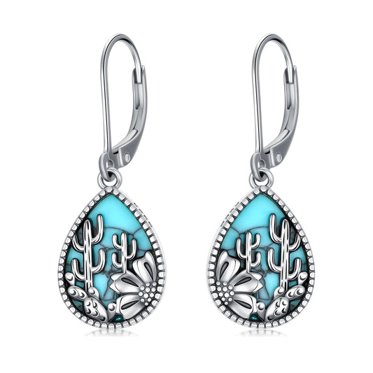 KoyeKei Cactus Dangle Drop Earrings for Women Country 925 Sterling Silver Turquoise Cactus Leverback Earrings Dangling Western Jewelry Christmas Gifts for Plant Lovers