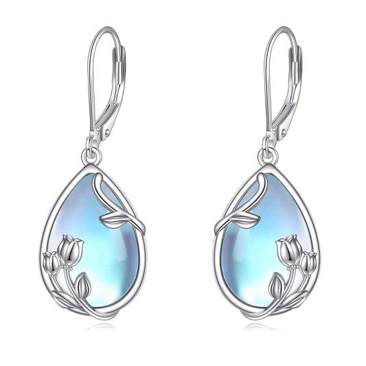 YFN Tulip Leverback Earrings for Women Sterling Silver Tulip Flower Dangle Moonstone Earring Jewelry for Women