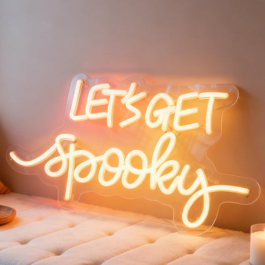 Lets Get Spooky White LED Neon Sign, USB Powered Dimmable Decorative Neon Light Home Living Room Haunted House Spooky Theme Party Wall Table Decor 16.7 x 8.9 In