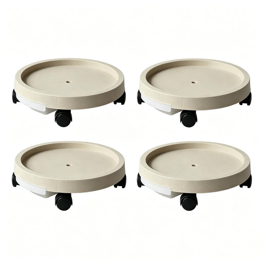 SOLEISLAND 11 Inch Round Plant Caddy 4 Pack, Flower Pot Rolling Tray with Lockable Wheels & Drawer Drainage Reservoir, Heavy Duty Garden Plant Stand, Light Beige