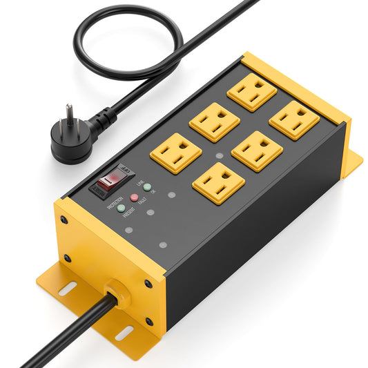 JUNNUJ Heavy Duty Power Strip Surge Protector 4800J, 6 Outlets with EMI/RFI Filtering and Noise Isolated Banks, Wall Mount Metal Multiple Plugs for Industrial Garage Shop, 6FT Extension Cord Flat Plug