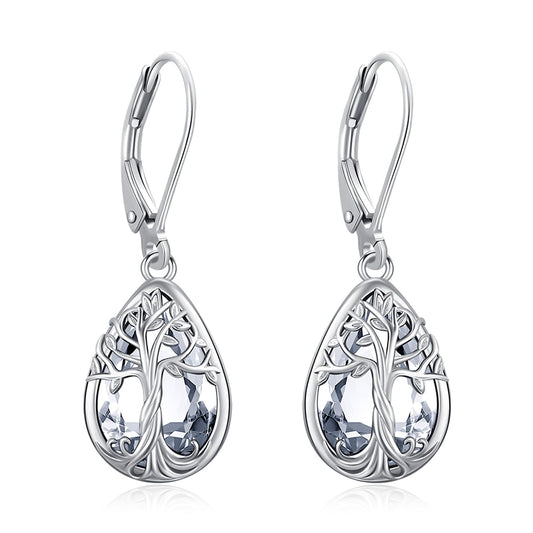 Eusense Tree of Life Dangle Earrings Teardrop Drop Sterling Silver Earrings CZ Clear White Birthstone Leverback Tree of Life Jewelry Gift for Women