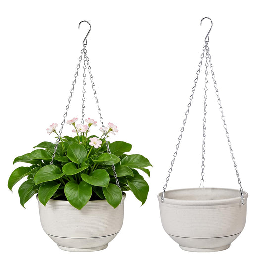 VIDELLY 9 Inch Hanging Planter 2-Pack, Beige Hanging Flower Pots with Chains – Indoor Outdoor Hanging Baskets with Drainage Holes for Balcony, Patio, Garden & Small Space Decor