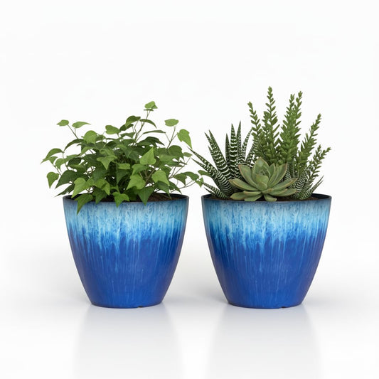 LESOASIS Pack of 2 Flower Pots, Plastic Plant Pots with Drainage Holes, 8 inch Modern Glossy Finishing Planter for Indoor Outdoor Plants (Blue Glaze, 2 Pack)