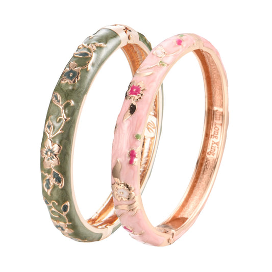 UJOY Elegant Bracelet Plated Enameled Jewelry Spring Hinge Metal Cuff Cloisonne Bangles Set Gift Box Packed 55A82-55A111 Green Pink
