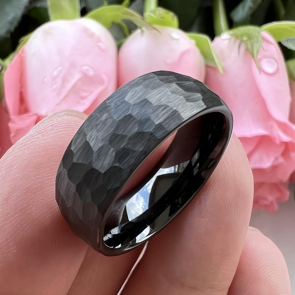 TUTISS 8mm Black Hammered Tungsten Carbide Rings for Men Women Engagement Wedding Bands Domed I Love You Engraved Comfort Fit Size 8