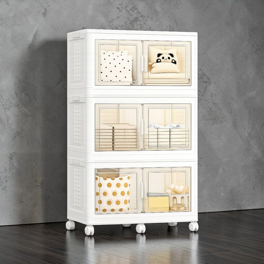 FINCHESCLUB 568QT/141Gal XL Stackable Storage Bins with Lids, Foldable Storage Bins with Doors, Wheels, and Lights - Collapsible Closet Cabinets for Home Office, 3 Pack - White