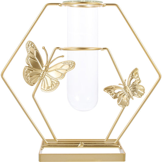 OSALADI Metal Framed Glass Plant Terrarium Vase with Butterfly Pattern, Hexagonal Decorative Flower Holder for Desktop Home Décor and Tabletop Display