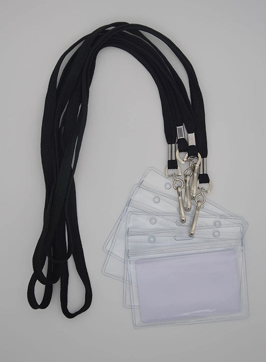 Name Tags Lanyard Badge Holder Pairs (Set of 50, Black): Woven Round Lanyard & Horizontal Sealable Waterproof Clear Plastic ID Card Name