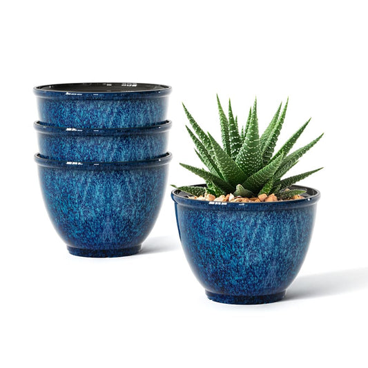 Vanslogreen 8 Inch Glazed Plastic Plant Pots, Set of 4 Planters with Drainage Holes - Indoor/Outdoor Flower Pots for Succulents, Herbs, Home Decor(Blue)