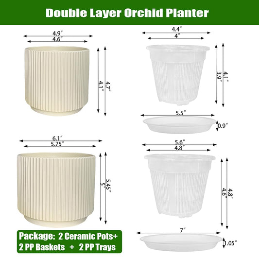 MUZHI Ceramic Orchid Pot with Holes and Drainage Tray Set of 2,(5+6 Inch), Double Layer Orchid Planter with Clear Plastic Inner Net Baskets Pots for Repotting (Lt Yellow)