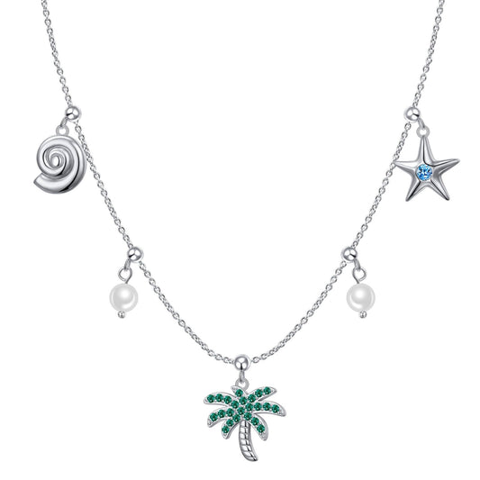 FLYOW S925 sterling Silver Summer Palm Tree Seashell conch shell Beachy Pendant Necklace Women Coastal Jewelry with Removable Charms Trendy Summer Beach Gift