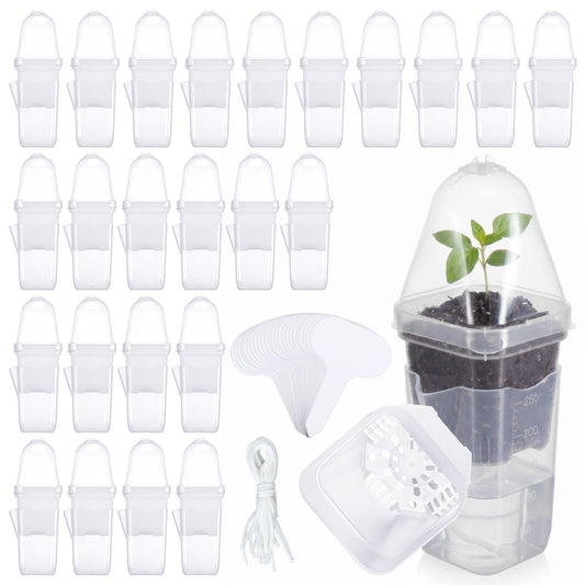 RimCereal 24 Pack 2.5" Small Self Watering Pots with Humidity Dome Clear Plastic Seed Starter Cups with Label Water Level and Drainage Holes for Cutting, Seedling, Propagation, Succulents, and Herbs