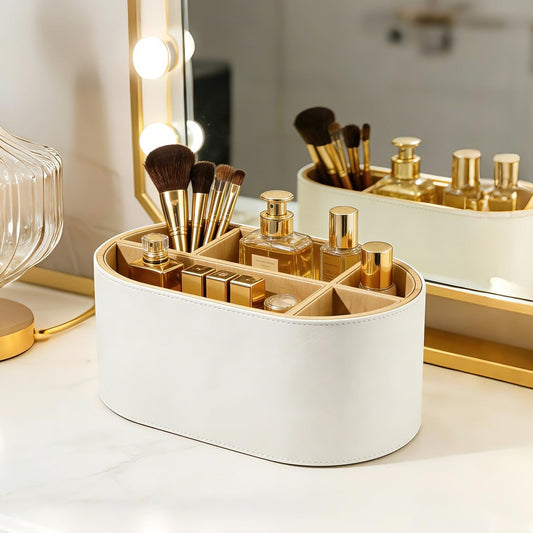 KINGFOM PU Leather Desk Organizer with Multi Compartments, Desktop Caddy Holder for Remote Controls, Pens, Makeup Brushes, Office Accessories (Beige)