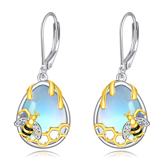 YFN Honeycomb Bee Moonstone Earrings 925 Sterling Silver Teardrop Dangle Hypoallergenic Leverback Earring for Women