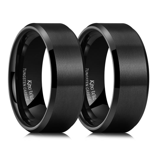 King Will 8mm Men's Black Tungsten Wedding Ring - Brushed Matte Surface, Beveled Polished Edge, 2 Pcs Comfort Fit Size 9.5 + 10