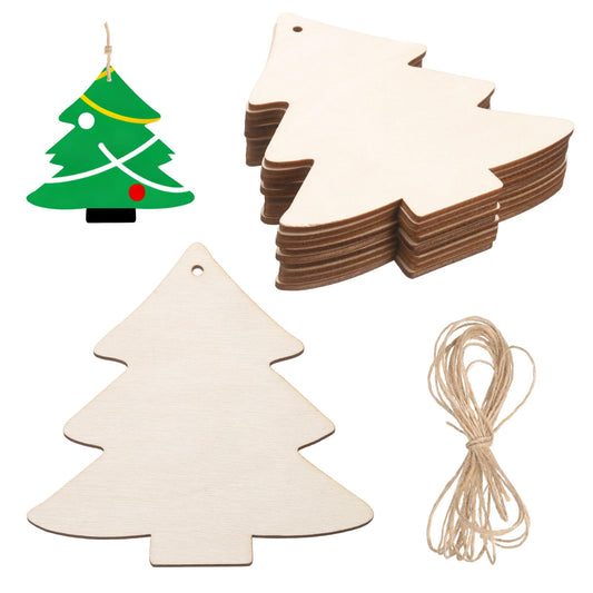 MECCANIXITY 24Pcs Wooden Christmas Tree Ornaments to Paint, 4" x 4" DIY Blank Unfinished Wood Homemade Ornament with Rope for Art Crafts DIY Thanksgiving Halloween Birthday Gifts