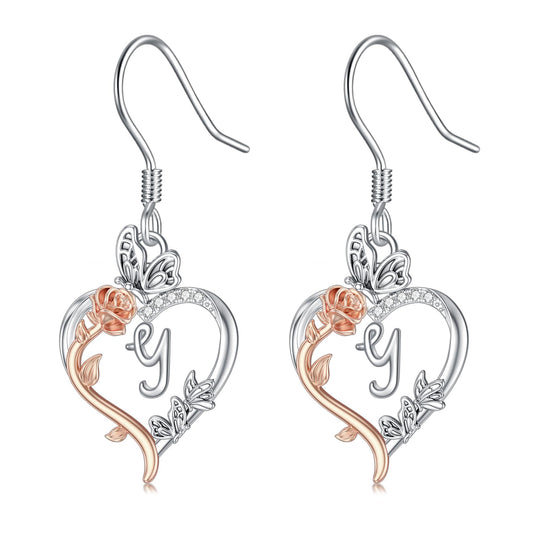 TOUPOP Rose Heart Initial Earrings Sterling Silver Butterfly Earring Initial Y Letter Drop Dangle Earrings Jewelry Anniversary Birthday Mothers Day Gifts for Women Mom Wife Girlfriend Her
