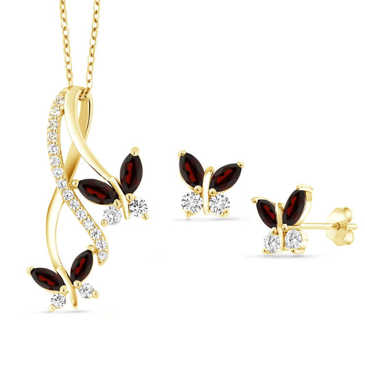 Gem Stone King 18K Yellow Gold Plated Silver Red Garnet Pendant and Earrings Jewelry Set For Women | 2.25 Cttw | Gemstone Birthstone | With 18 Inch Chain | Fine Jewelry Gifts for Her Mom Women Wife
