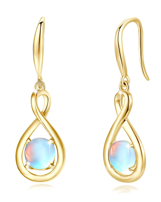 FANCIME Moonstone Dangle Drop Earrings 925 Sterling Silver Yellow Gold Plated Dainty Infinity Created Gemstone June Birthstone Earring Fine Jewelry Birthday Mothers Day Gifts for Women Her