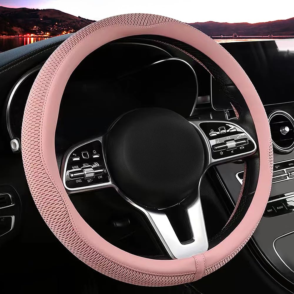 LKWLIKEI Car Steering Wheel Cover, Universal 15 inch, The Latest Microfiber Leather Breathable Technology Fabric, Non-Slip, Comfortable, Warm in Winter and Cool in Summer, Green
