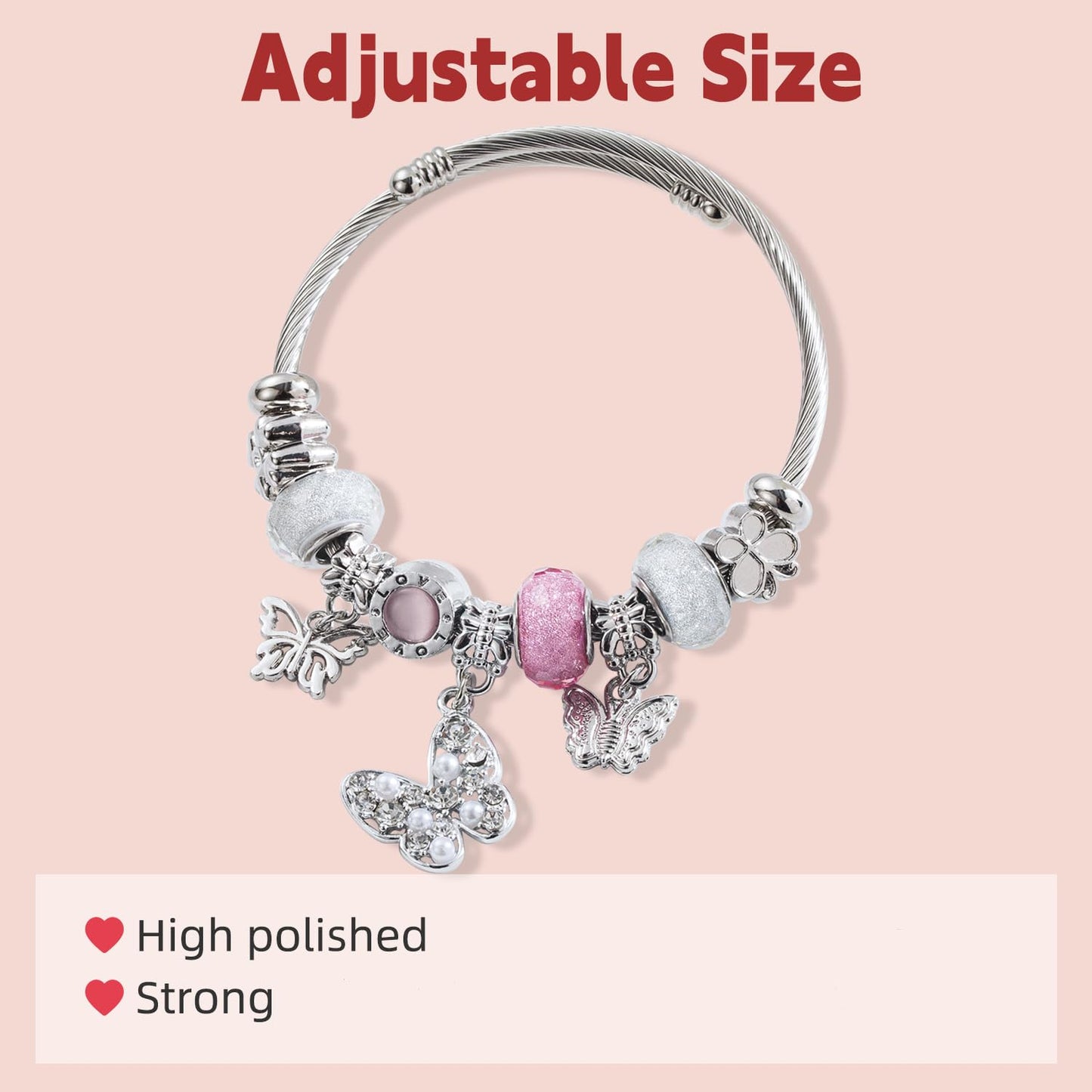 IUULOB Silver Women Bracelets - Adjustable Charm Bracelets for Women Birthday Gifts Favors Titanium Steel Bracelet Bundle Jewelry Kit (B: Bear - Love - Pink)
