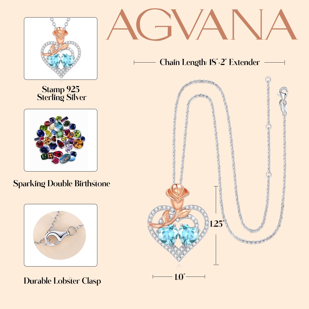 AGVANA January November Birthstone Jewelry Garnet Citrine Necklace Sterling Silver Rose Flower Heart Double Birthstone Pendant Necklace Anniversary Birthday Gifts for Women Mom Wife Lady Her
