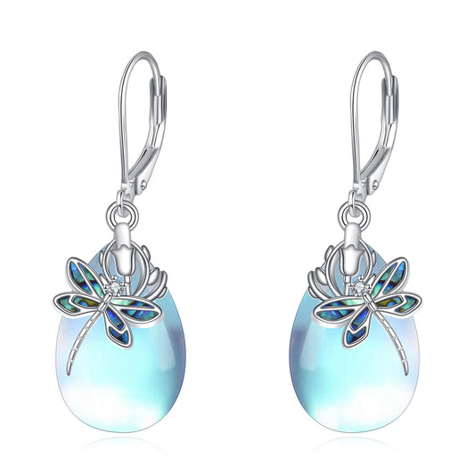 TIGER RIDER Bee/Butterfly/Scorpion/Cactus/Leaf/Beetle 925 Sterling Silver French Clasp Leverback Earrings Amber/Crystal/Citrine/Moonstone/ Obsidian/Jade/Rose quartz Pendant Jewelry Gift for Women (moonstone-dragonfly)