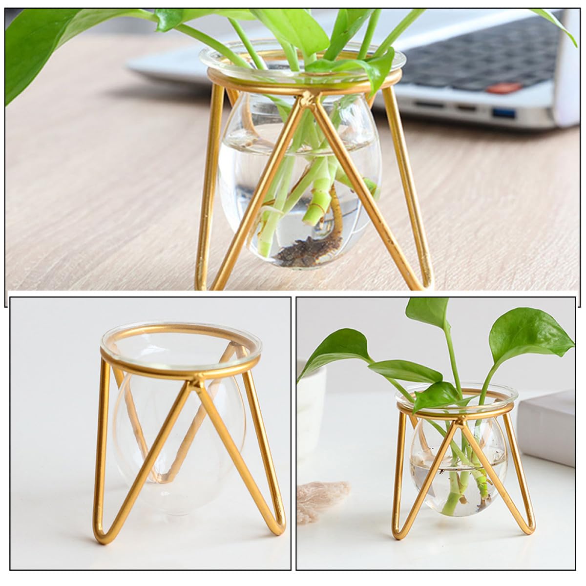 Homoyoyo Glass Planter with Gold Metal Stand, Decorative Hydroponic Vase Bulb for Desktop Plant Holder, Succulent Flower Arrangement Terrarium for Home and Office Décor
