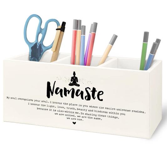 URLLUAE Namaste Zen Gifts Wooden Pen Pencil Holder for Office Desk Accessories, Yoga Zen Meditation Spiritual Gifts for Women Makeup Brush Toothbrush Holder Organizer for Bathroom Spa