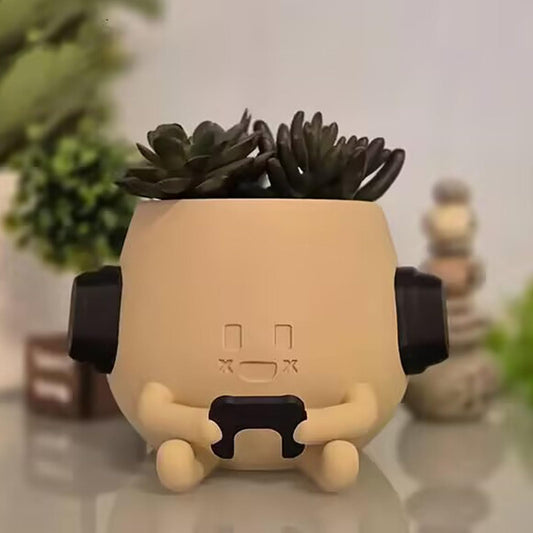 Heuvcnsr Cute Resin Flower Head Planters, Smily Face Planter Pots for Indoor Plants, Sit Headphone Smiley Face Succulent Flower Pots with Drainage Hole, Gift Ideai for Birthday