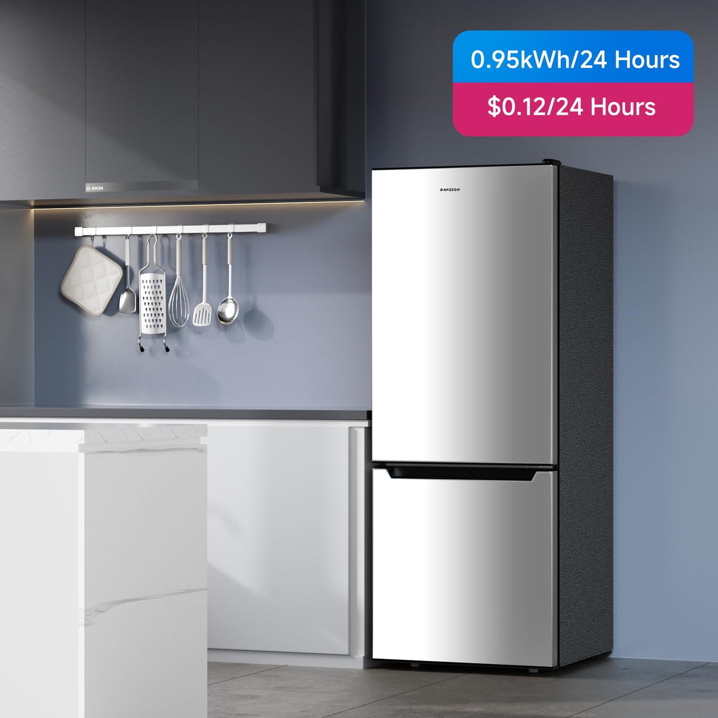 BANGSON 7.1 Cu.Ft Refrigerator with Freezer, Apartment Size Fridge with Bottom Freezer, for Apartment, Office, Kitchen and Garage, Stainless Steel, Silver