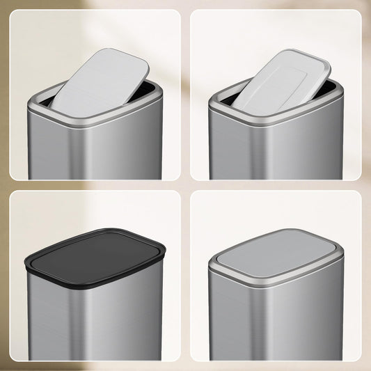 KHMMGK 8L/2.1 Gal Small Bathroom Trash Can with Lid, Swing-Top Rectangular Waste Bin, Stainless Steel Garbage Can for Home, Office, Toilet, Bedroom, Living Room (Silver)