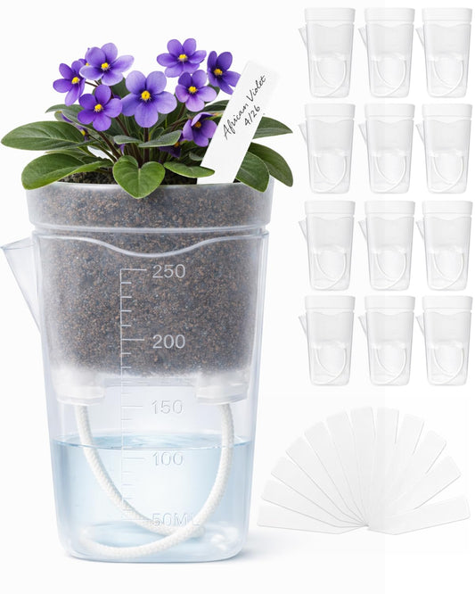12 Pack 2.5" Small Self Watering Pots for Indoor Plants, Mini Clear Plastic Planters with Water Level Drainage Holes, 12 Plant Labels, Semi-Hydro Propagation Pots for Hoya, African Violets, Alocasia
