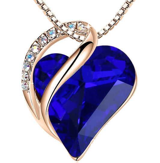 Leafael Gifts for Women Rose Gold Plated Necklaces: Heart Dark Sapphire Blue Crystal, September Birthstone, Hypoallergenic Chain (18"+2"), Birthday Jewelry for Mom and Wife