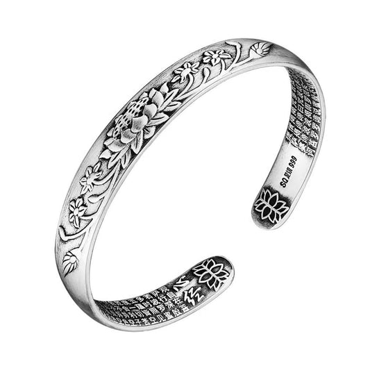 Feng Shui Lotus Heart Sutra Bracelet - Adjustable Vintage Silver Bracelet for Women Men, Tibetan Buddhist Mantra Lucky Amulet, Wealth Luck Protection Meditation Gifts (A)