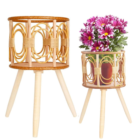 LiliGloris Boho Rattan Plant Stand Indoor Outdoor - 2 Rattan Wicker Planter Shelf for Multiple Plants, Mid Century Modern Wooden Flower Pot Holder with Stand, Farmhouse Home Decor for Living Room