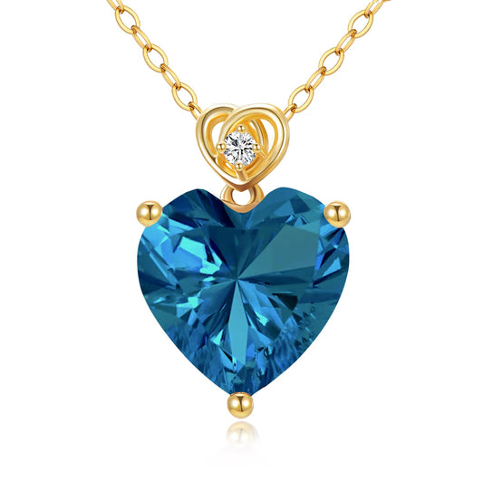 NFYBD 14k Gold Love Heart London Blue Topaz Birthstone Pendant Necklace for Women 3 Carat Heart-cut Created Gemstone Anniversary Birthday Mother's Day Necklaces for Her 16+1+1 inch